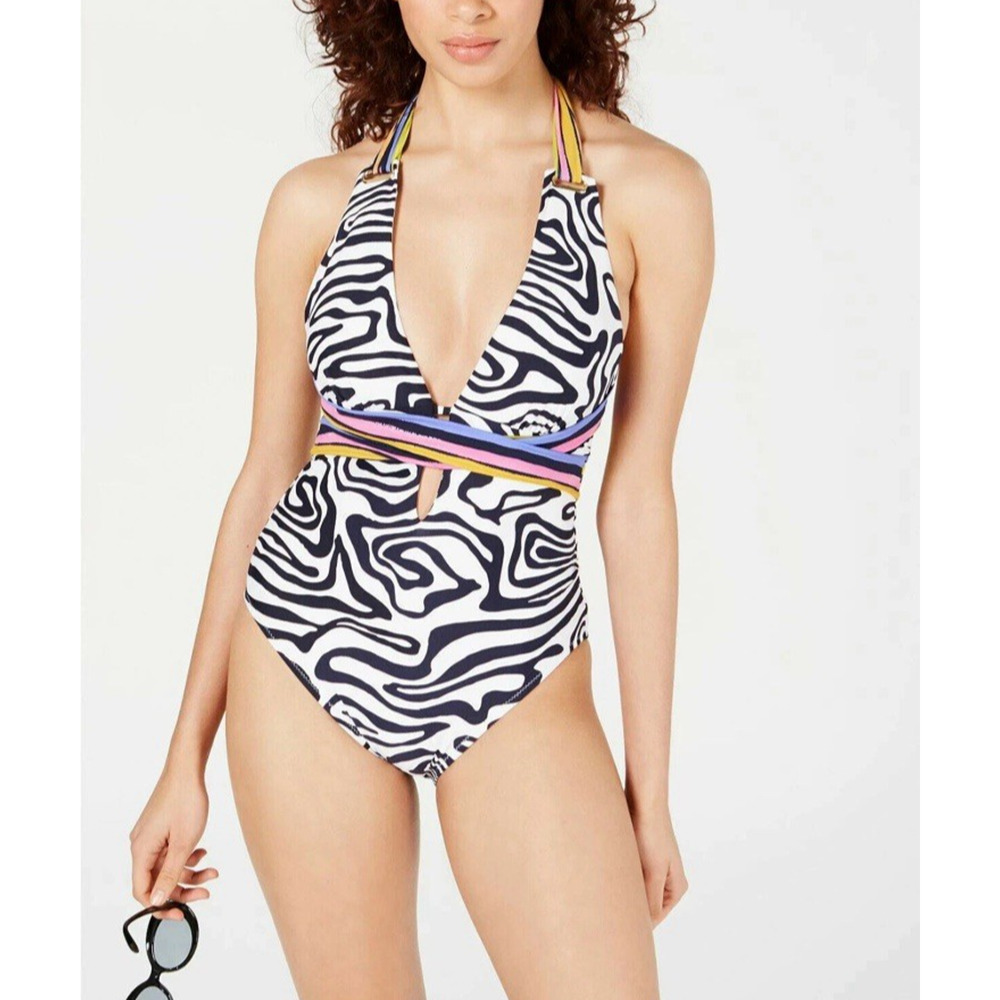 TRINA TURK (S) Zebra Print One Piece V-Neck Swimsuit-Cruise-Party-Beach-Luxury
